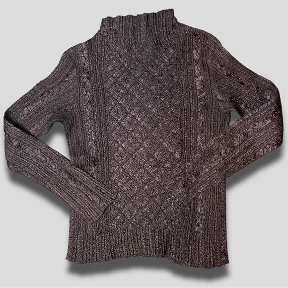 WONY MOCK TURTLENECK Y2K VINTAGE POPCORN CABLEKNIT PATTERN STRETCH SHIRT BROWN S - Picture 3 of 6